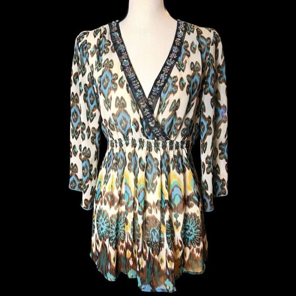 MUSHKA SIENNA ROSE Boho Babydoll Peasant Blouse M Sequin Sheer Chiffon Fairy Y2K - Picture 1 of 10